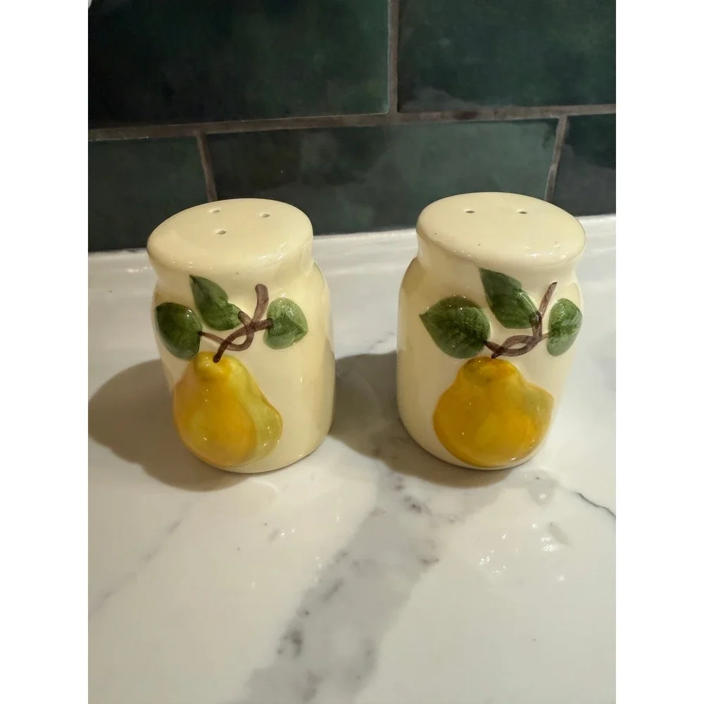 Vintage Style Ceramic Pear Salt and Pepper Shakers Set Yellow Fruit Farmhouse